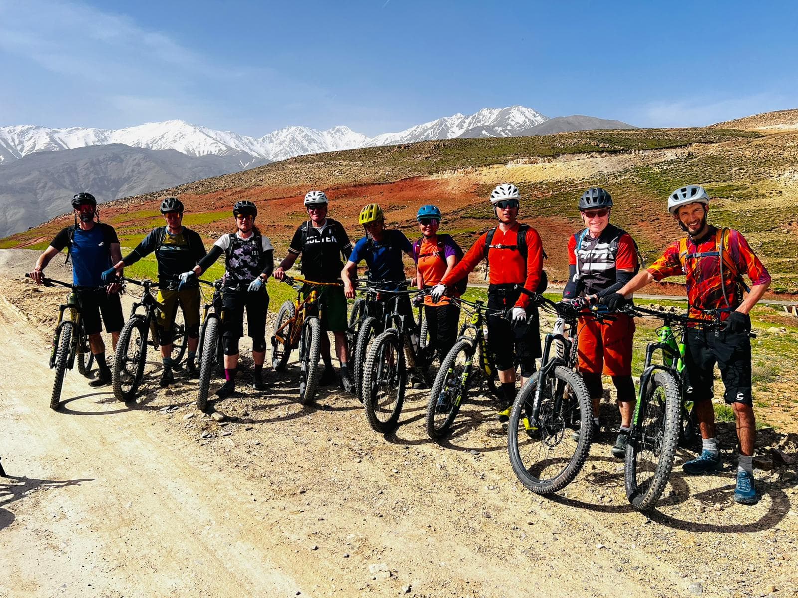 Mountain bikers riding together in the Amezmiz region of Morocco