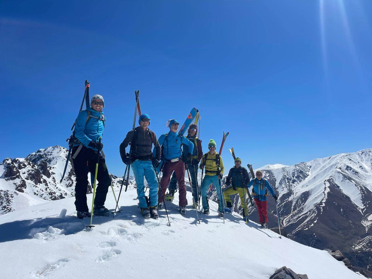 Ski touring group in the Tizi Likemt area of Morocco’s High Atlas