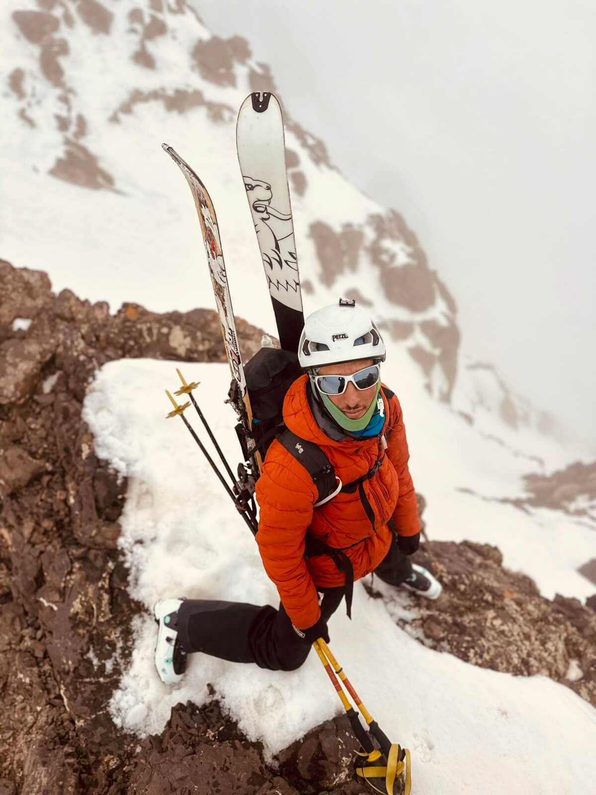 Ski touring above a couloir in the Toubkal Massif